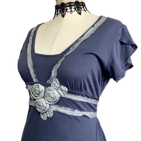 Deletta Coquette Cottage Core Tie Back Blue Rose Blouse - Picture 5 of 11
